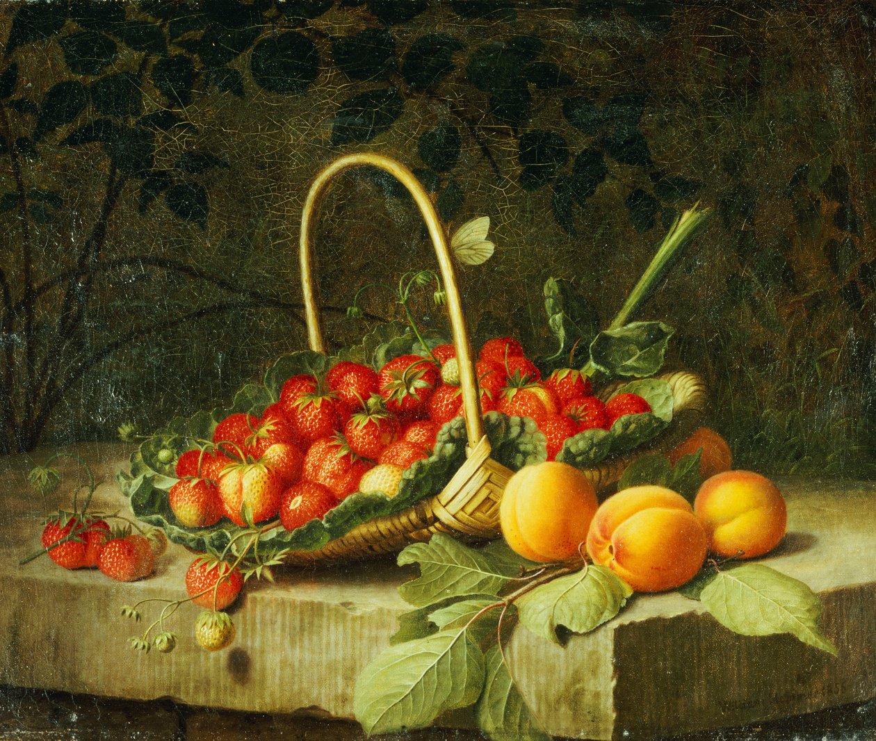 A Basket of Strawberries with Peaches on a Stone Ledge by William Hammer