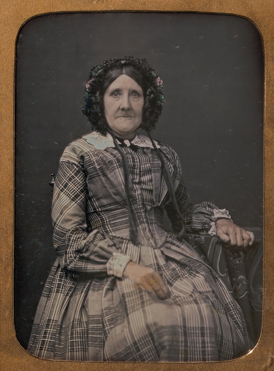 Seated Elderly Woman Wearing Plaid Dress and Bonnet by William Hardy Kent