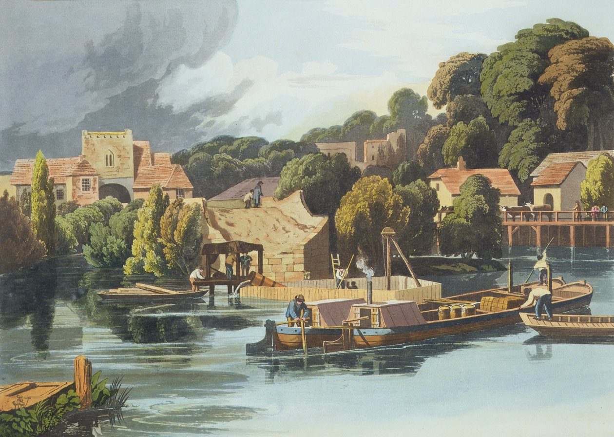 Wallingford Castle in 1810 During Bridge Repairs, Engraved by Robert Havell the Younger, Published 1818 by William Havell