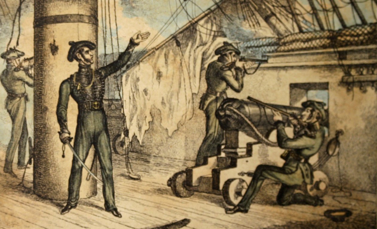 Marine riflemen in action on board an unidentified warship, c.1835 by William Heath