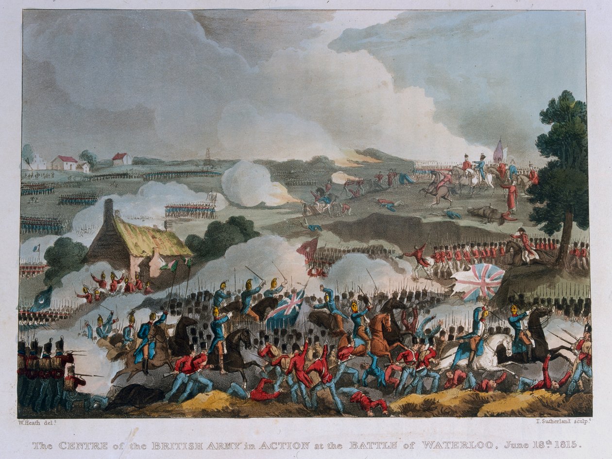 The centre of the British army in action at the Battle of Waterloo by William Heath