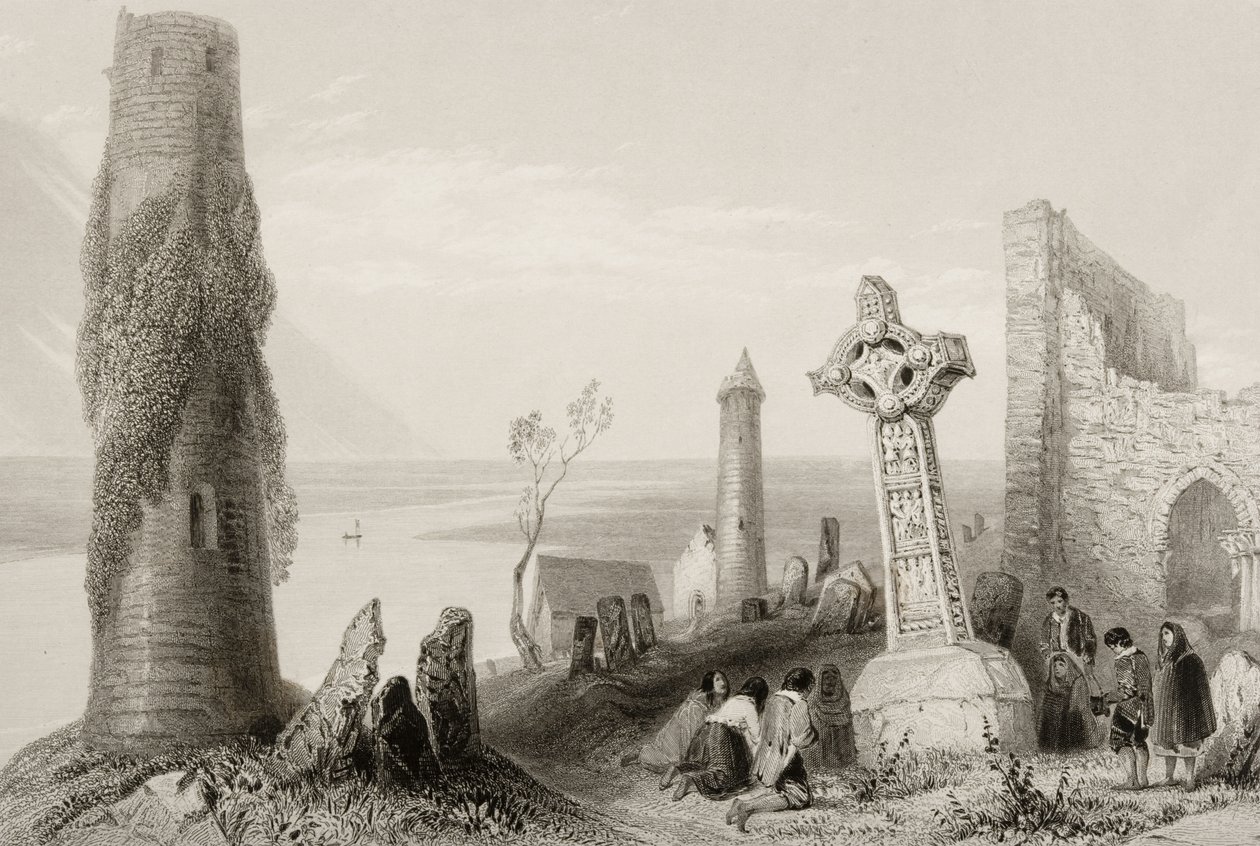 The Ancient Cross and Round Tower at Clonmacnois, County Offaly, Ireland, from 