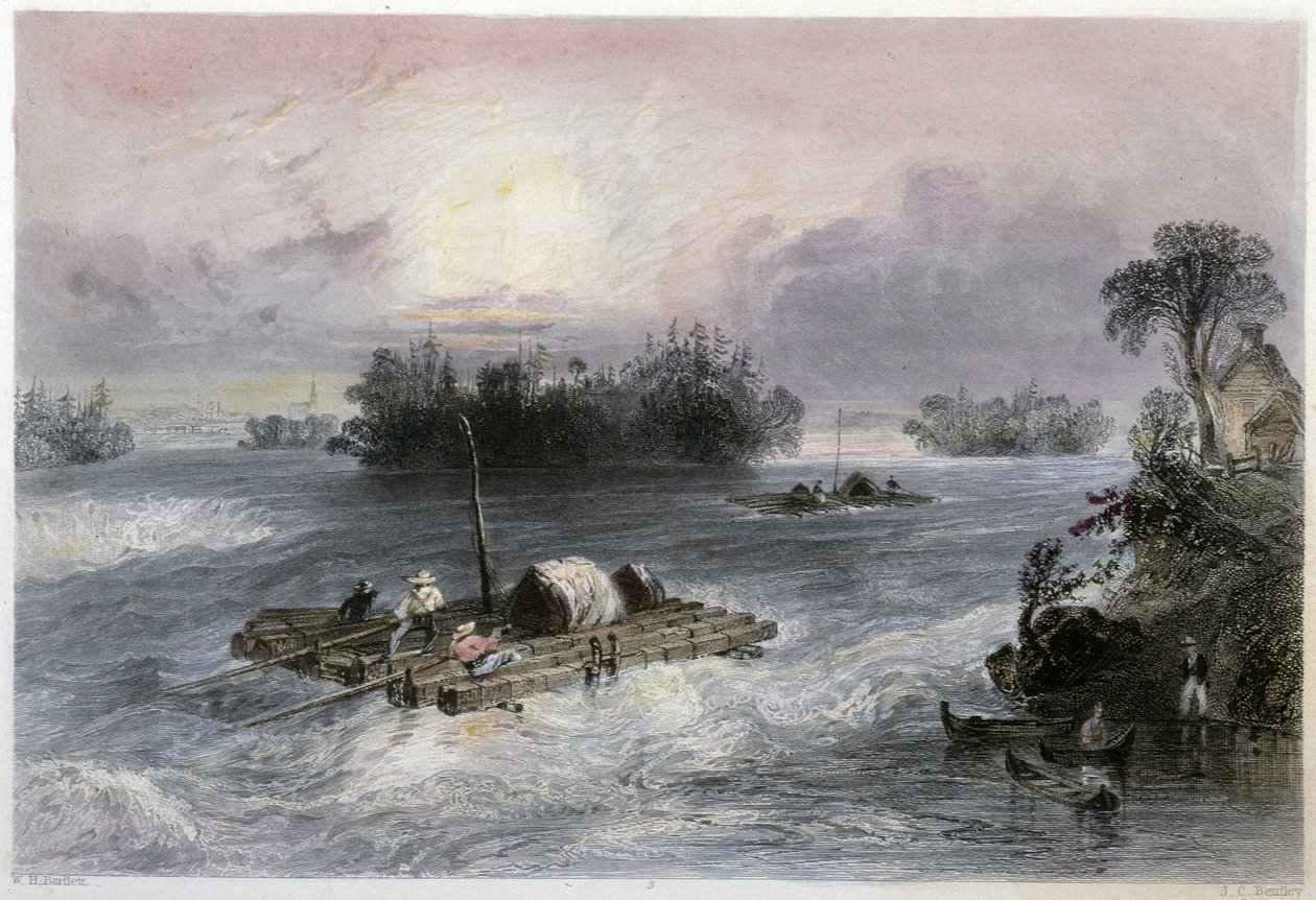 Transportation of Wood and Rapids to the Village of Cedars - in Canadian scenery illustrated by Bartlett W. H. by William Henry Bartlett