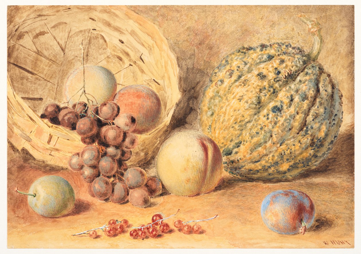 Basket with melon, peaches, grapes & plums by William Henry Hunt
