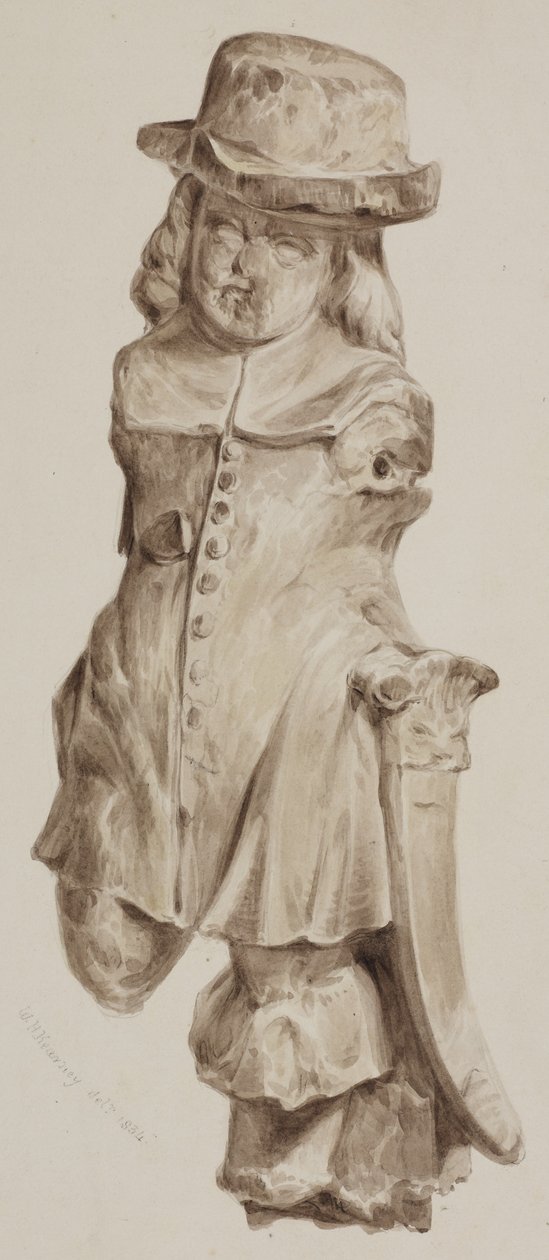 Carved figure in oak, at one time in the doorway of the house built on the site of the Boars Head Tavern, Eastcheap by William Henry Kearney