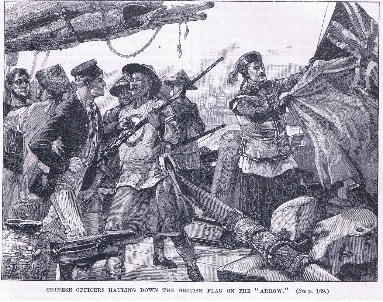 Chinese officers hauling down the British flag on the 