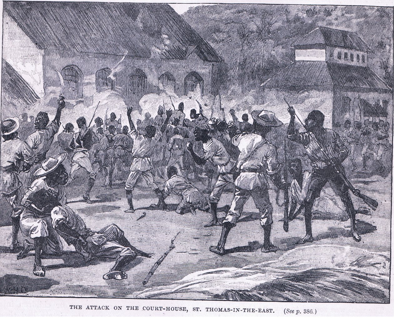 The Attack on the Court House, St Thomas in the East, Jamaica by William Heysham Overend