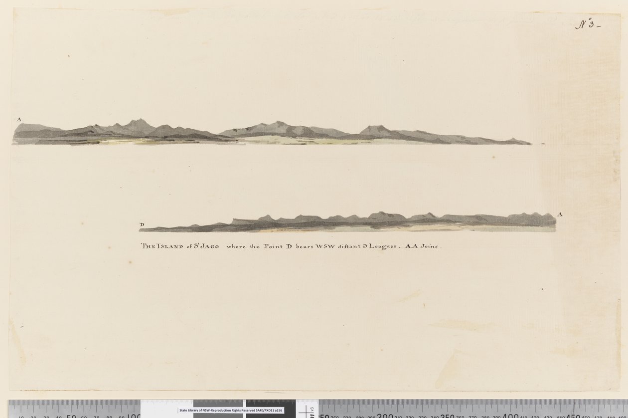 Profile of the Island of St. Jago, Cape Verde Island. Titled The Island of St Jago Where the Point D Bears WSW Distant 3 Leagues by William Hodges