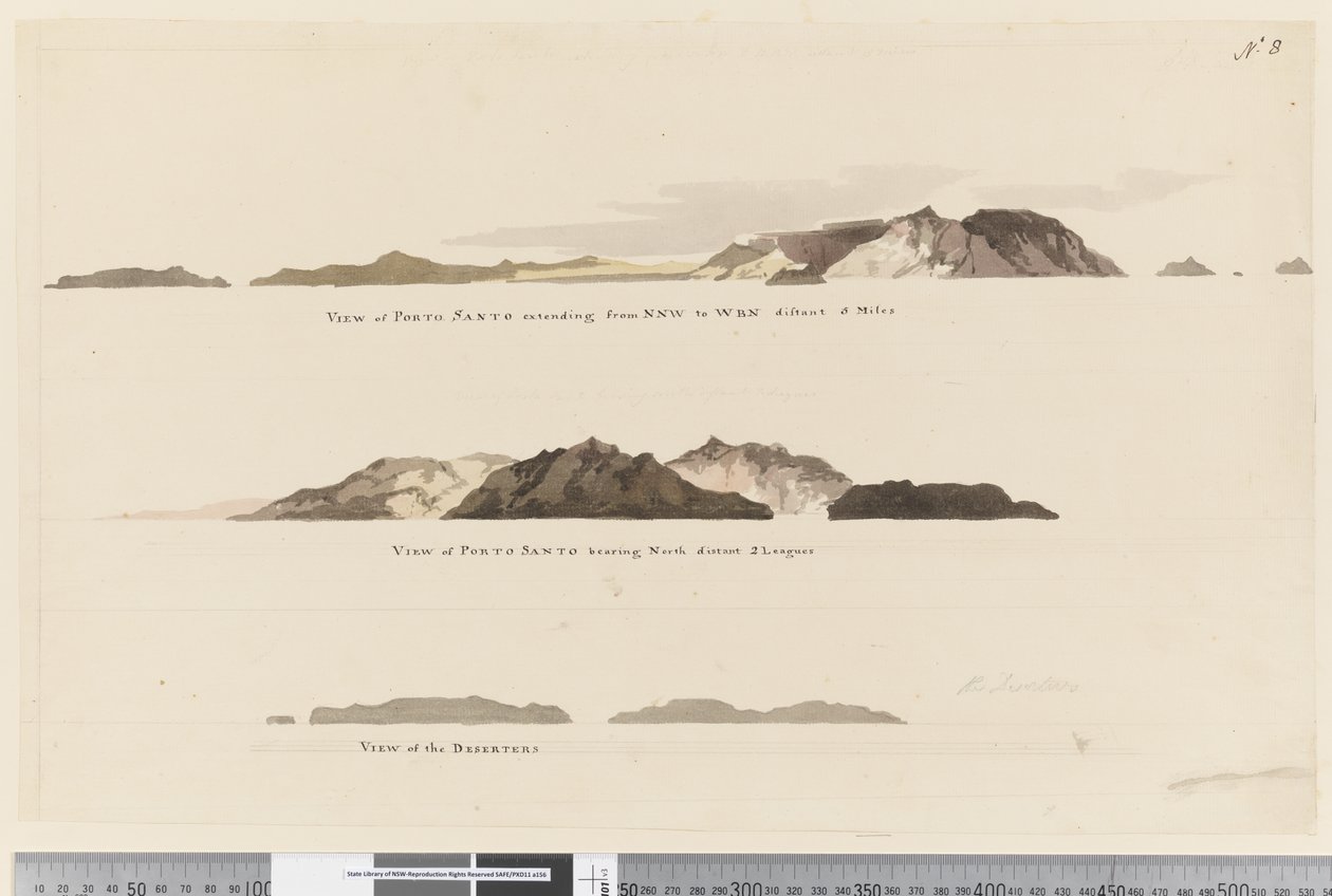 View of Porto Santo Extending from NNW to WBN Distant 5 Miles, View of Porto Santo Bearing North Distant 2 Leagues, View of The Deserters by William Hodges