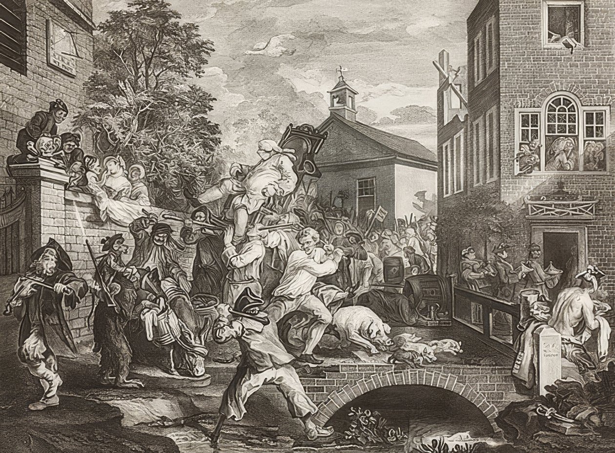 Four Prints of an Election, Plate 4: Chairing the Members by William Hogarth