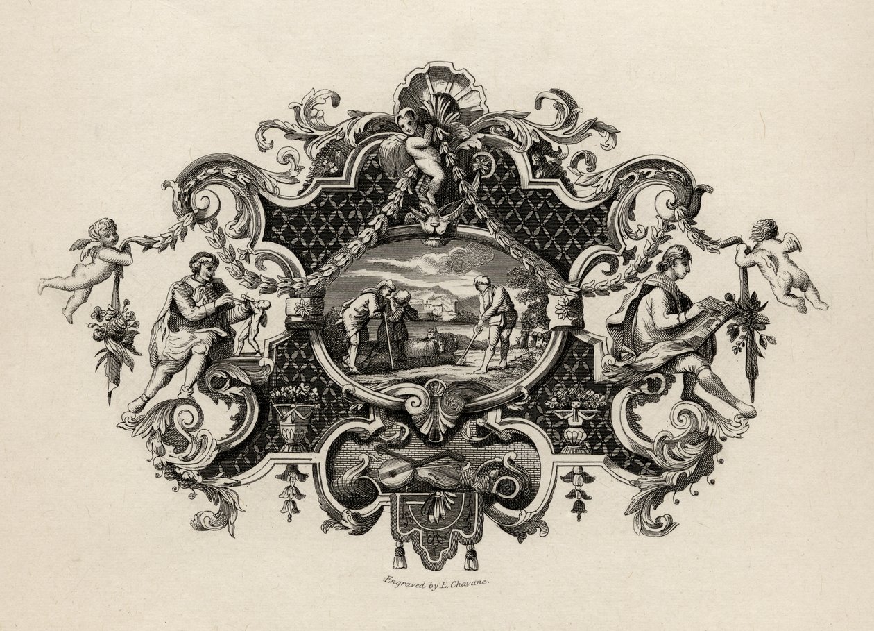 Impression from a silver tankard, engraved by E. Chavane, from The Works of William Hogarth, published 1833 by William Hogarth