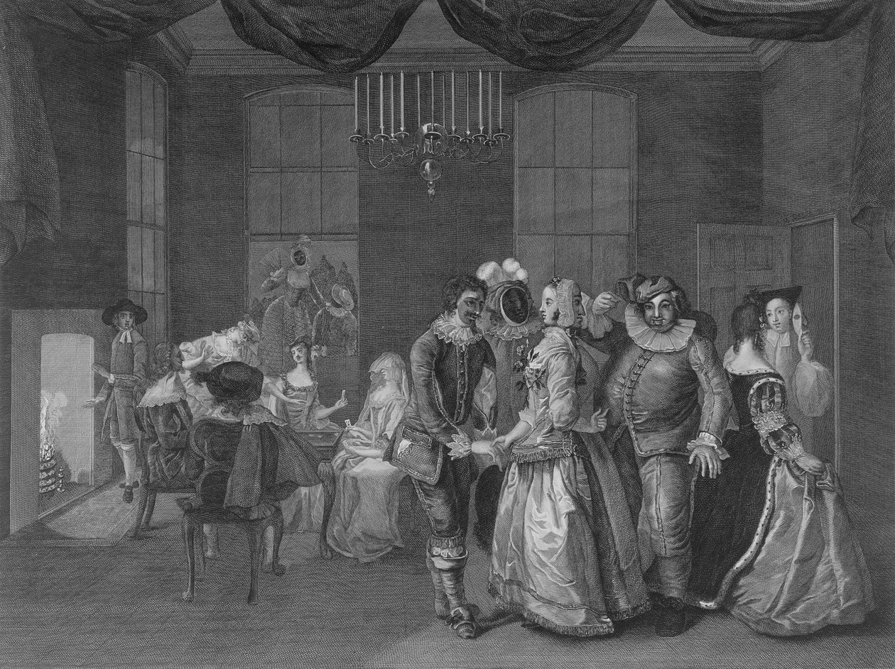 Interior view of Somerset House showing figures dressed for a masquerade by William Hogarth