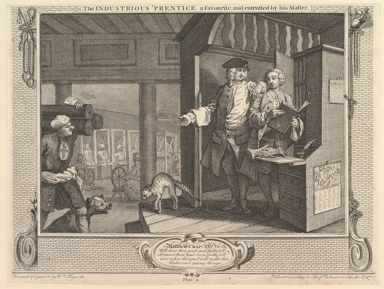 The Industrious Prentice a Favorite, and Entrusted by his Master: Industry by William Hogarth
