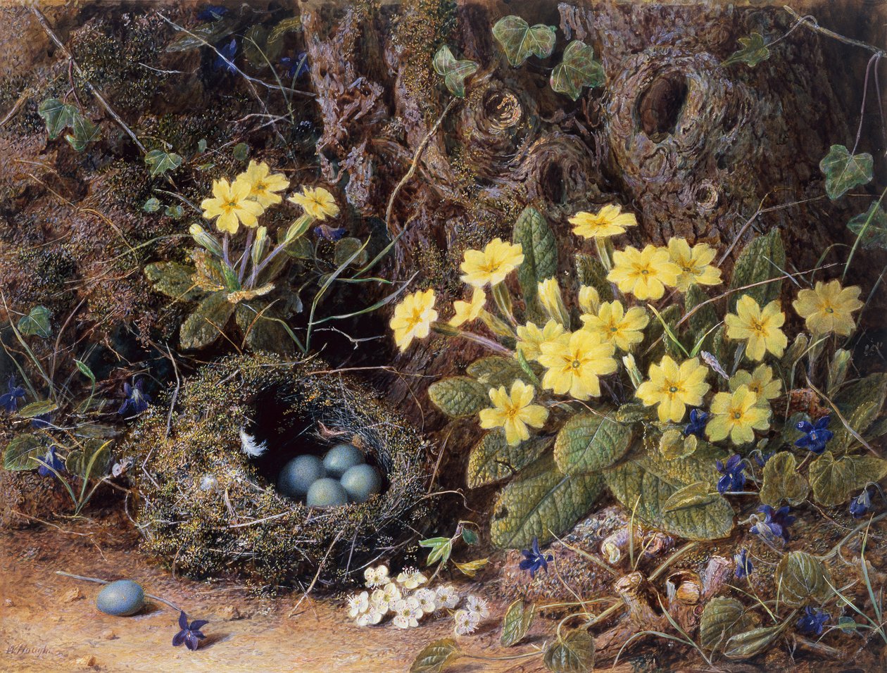 Still Life with a Birds Nest, Primroses and Violets by William Hough