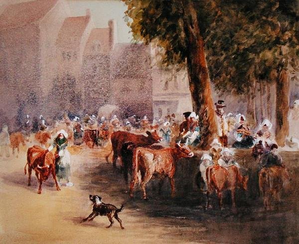 Early Morning in the Village Cattle Market by William Hunt