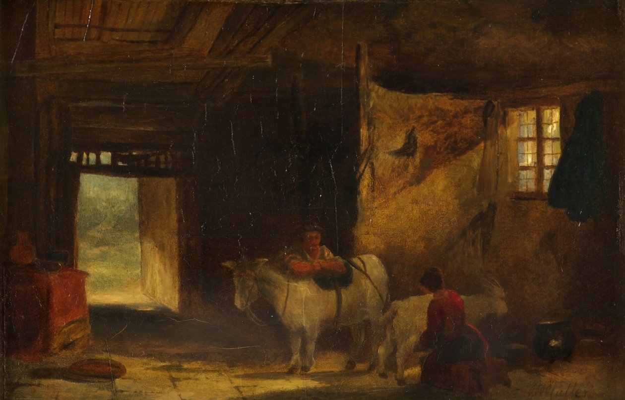 A Welsh Interior with Girl Milking a Goat by William James Muller