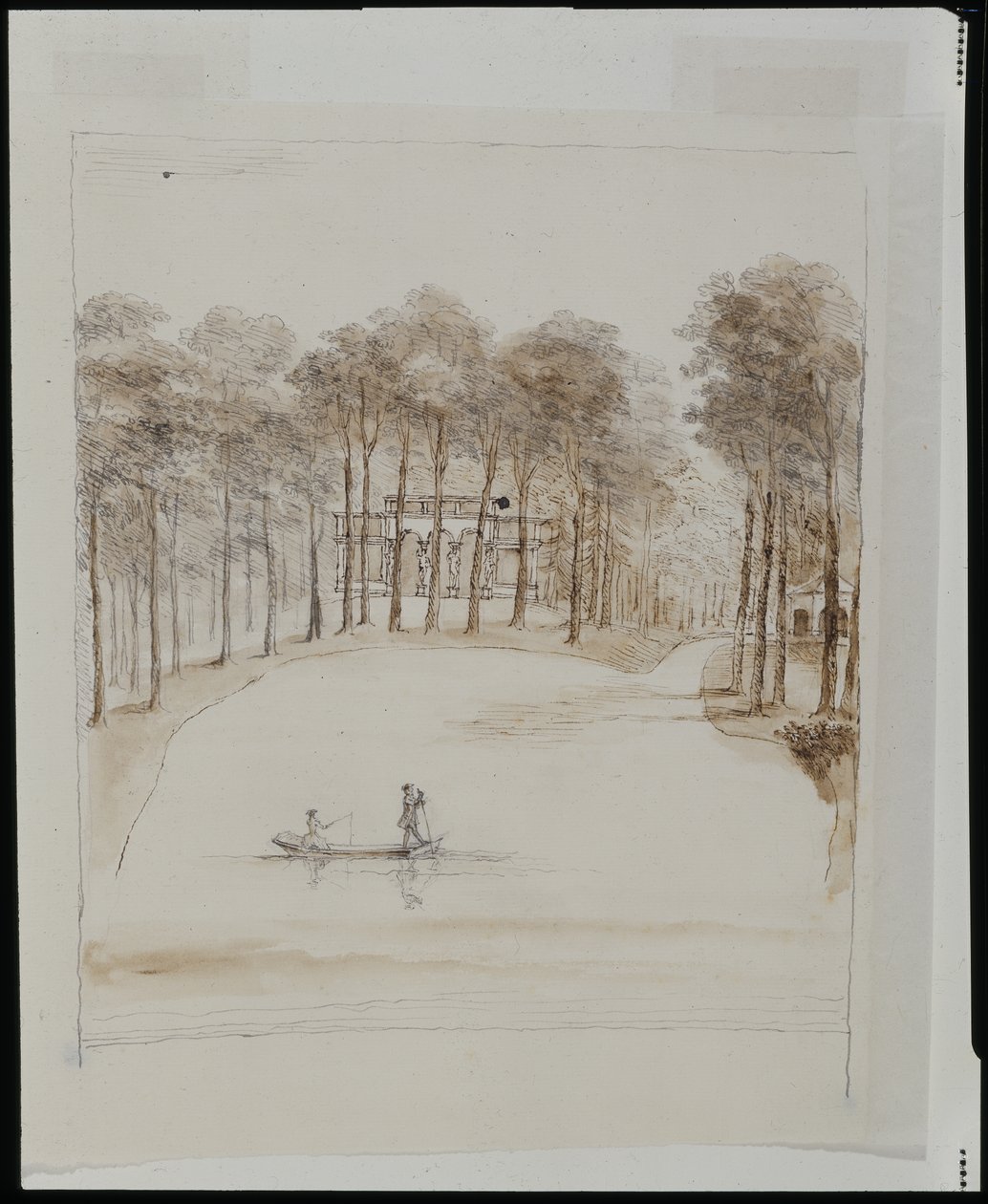 Birdhouse at Chiswick; Pool with a Couple in a Boat, the Woman Fishing by William Kent