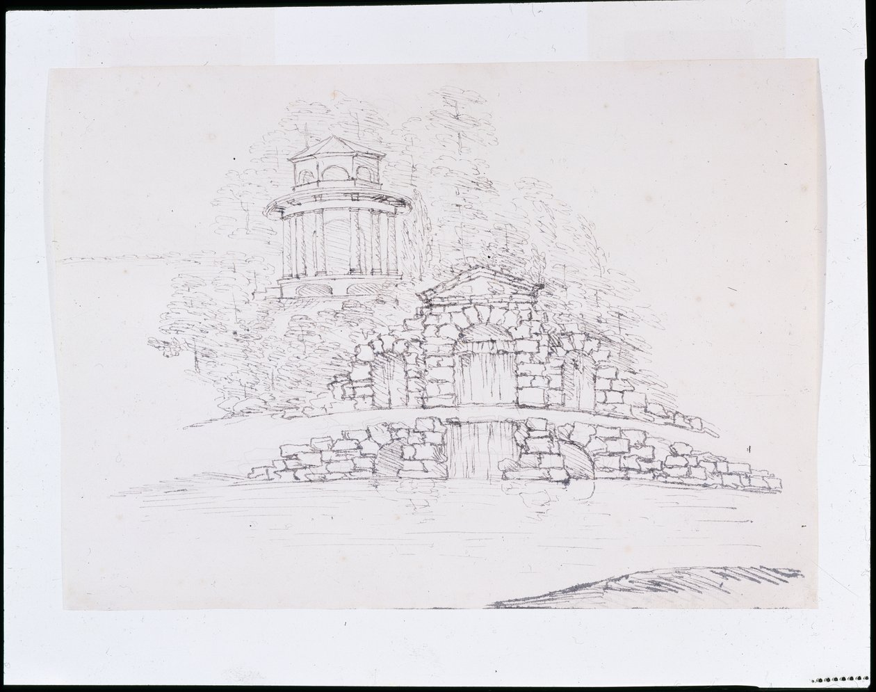 Chiswick, design for a rockwork cascade with an octagonal Doric temple on the terrace behind by William Kent