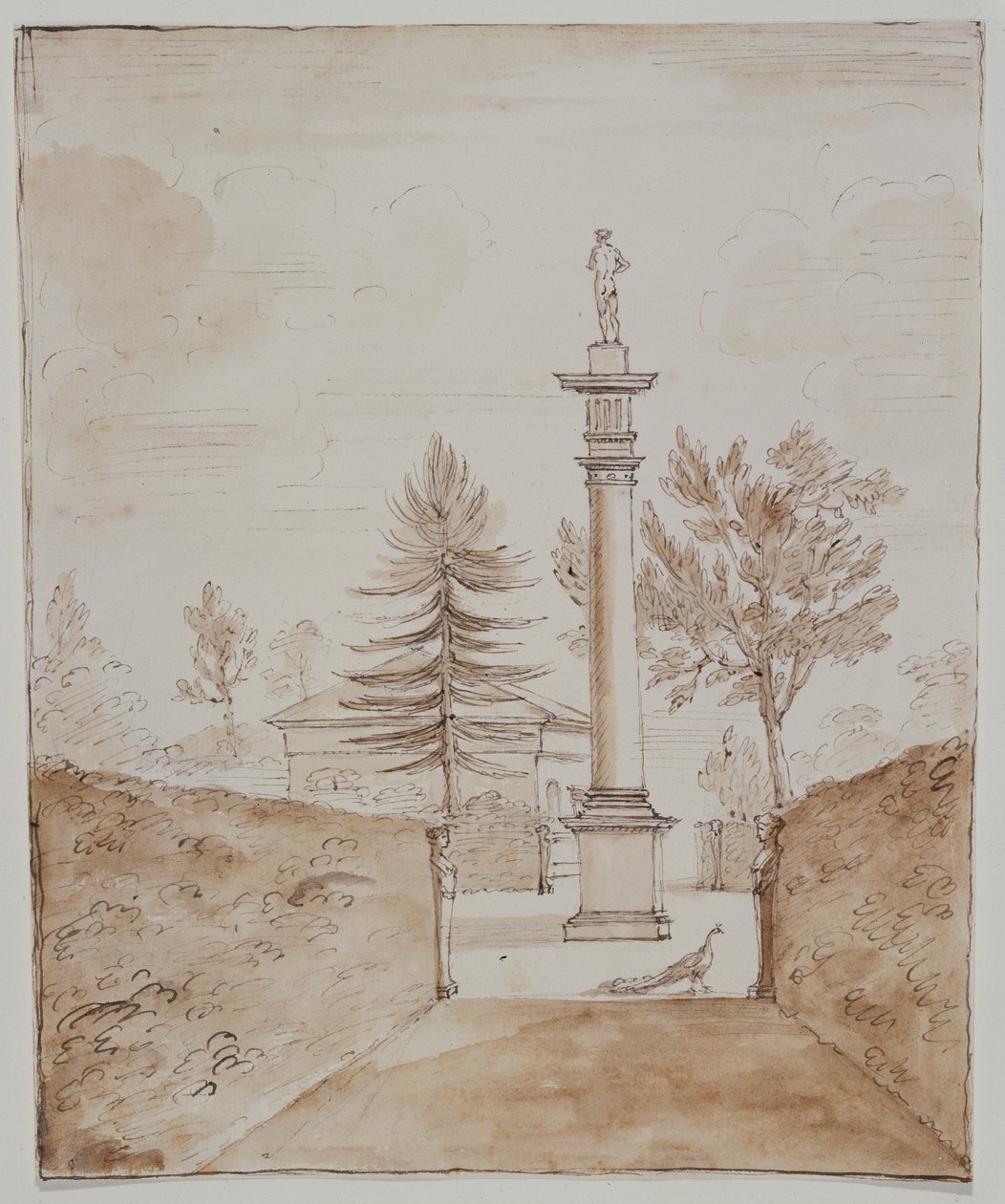 Chiswick, View of the Doric Column with Venus de Medici Statue, and a Glimpse of the Side of the Deer House by William Kent