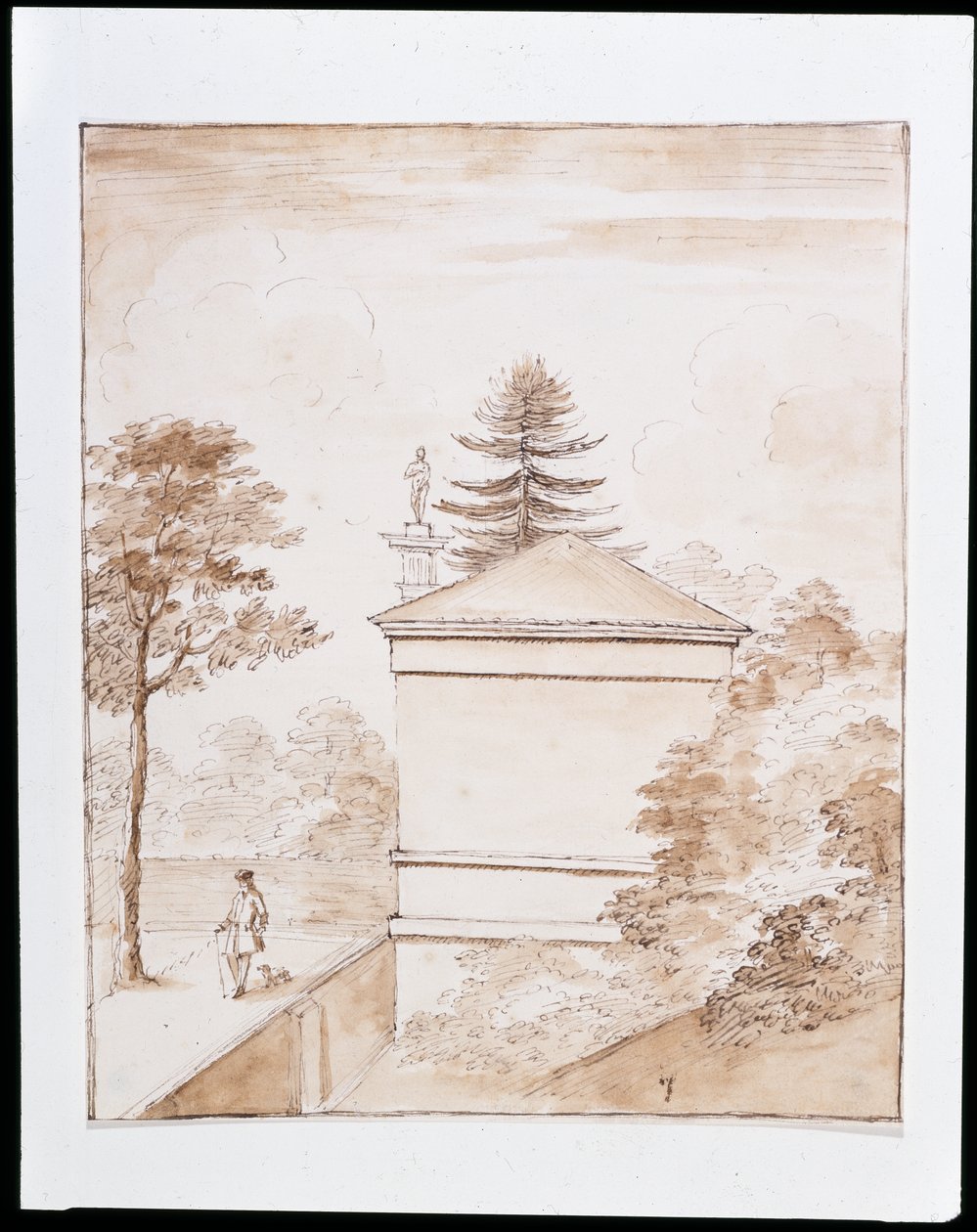 Chiswick, View of the Side of the Deer House Taken from the Inner Embankment of the Ha-Ha of the Deer Enclosure and with a Glimpse of the Doric Column (pen & wash on paper) by William Kent
