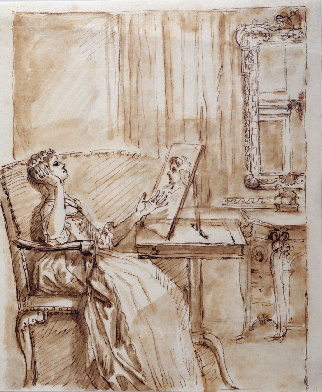 Lady Burlington Sitting in Her Garden Room Admiring an Old Master Drawing by William Kent