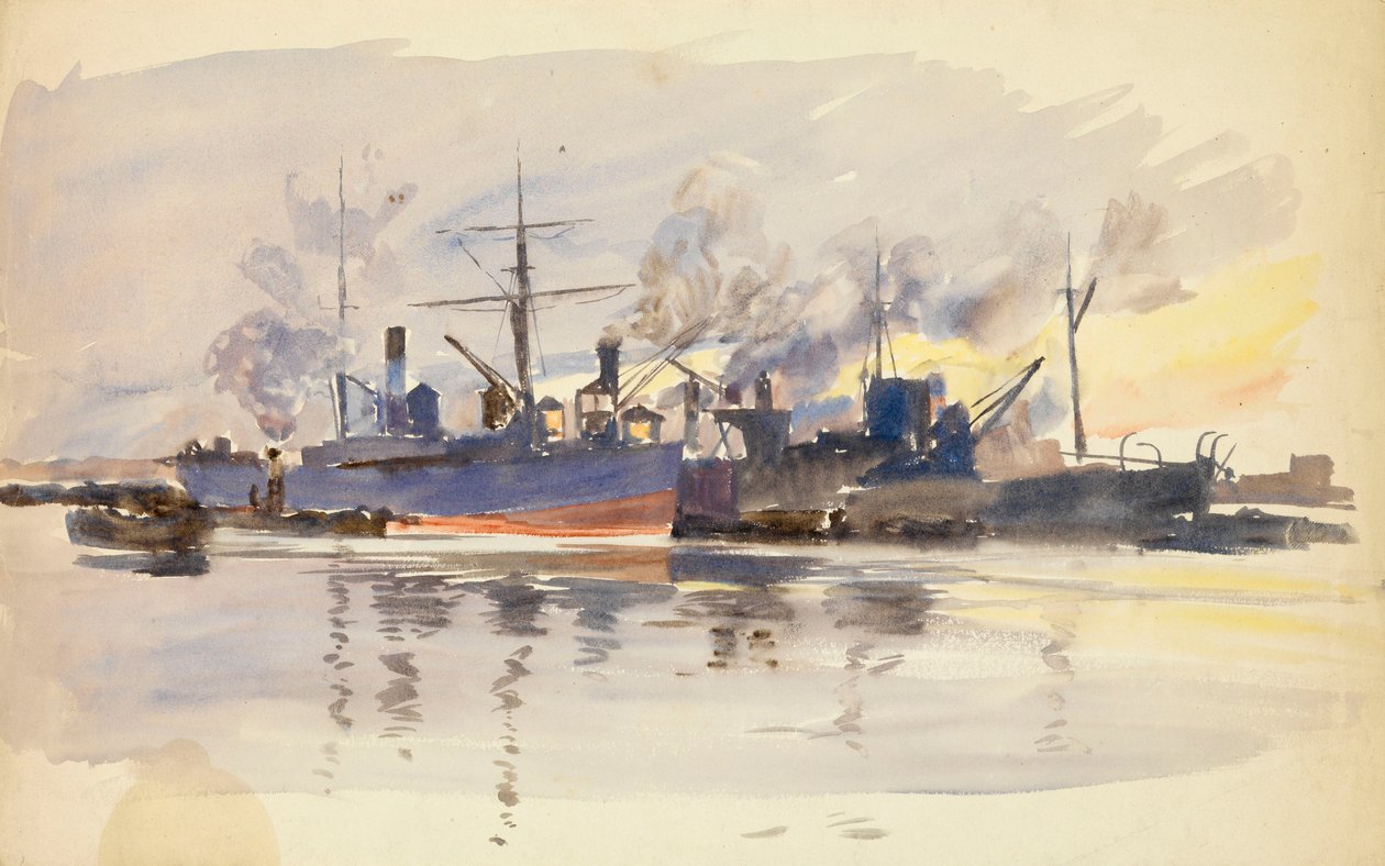 Sketch of Merchant Ships in Port, Late 19th to Early 20th Century by William Lionel Wyllie