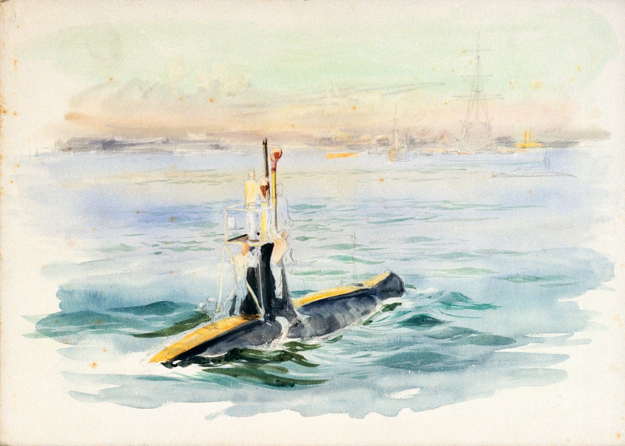 Study of an A-class submarine under way, possibly in Portsmouth Harbour, early 20th century by William Lionel Wyllie