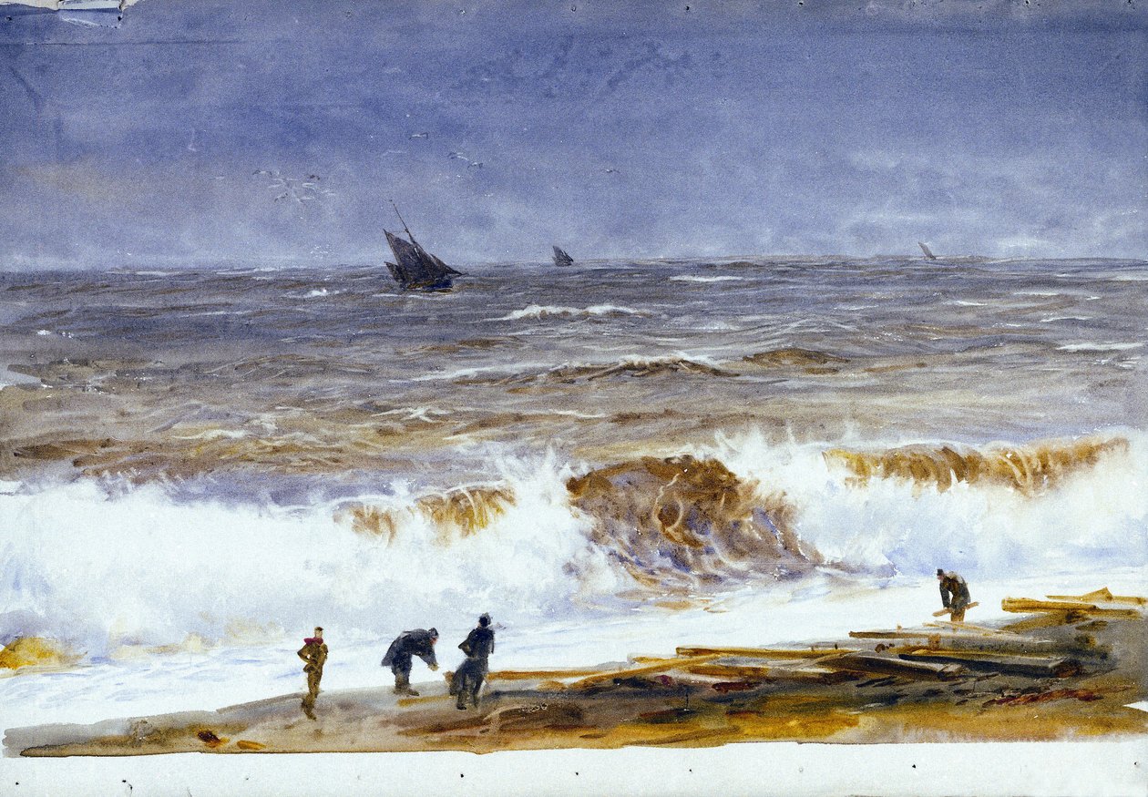 The Beach of Berck-sur-Mer, with Turbulent Seas and Characters on the Beach by William Lionel Wyllie