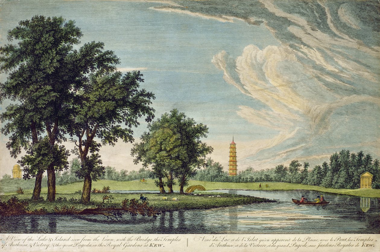 Kew, A View of the Lake and Island Seen from the Lawn, with the Bridge, the Temples of Arethusa and Victory and the Great Pagoda in the Royal Gardens at Kew by William Marlow