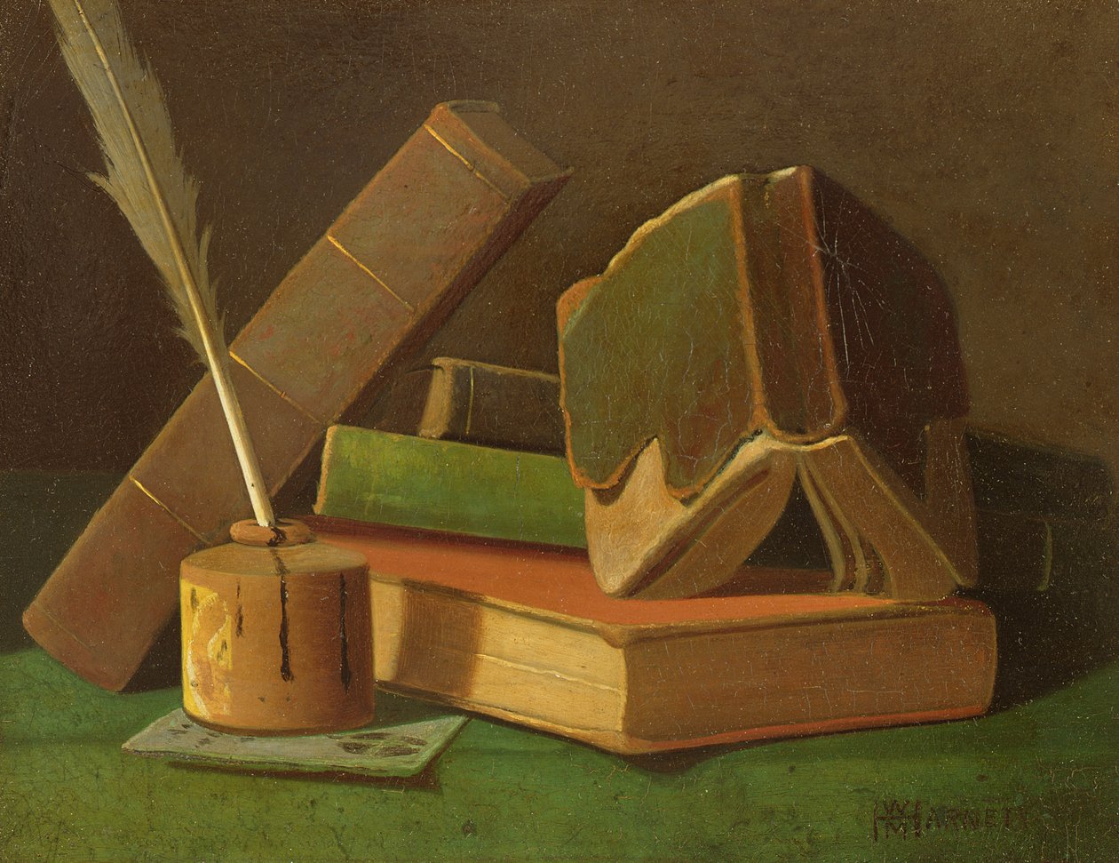 Still life with books and ink well by William Michael Harnett