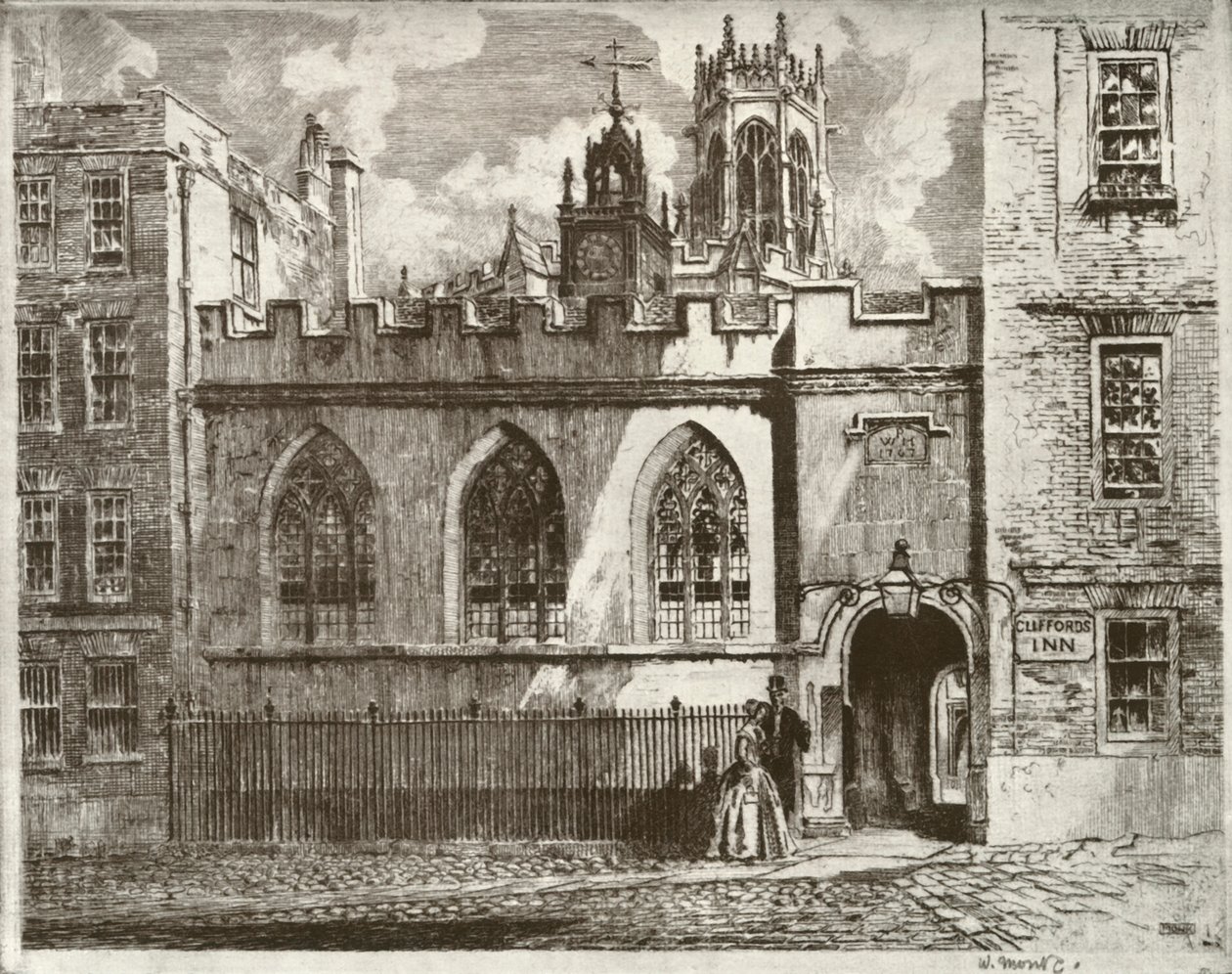 Cliffords Inn Hall and Clock Turret, with the Lantern Tower of St. Clement Danes Beyond, 1934 by William Monk