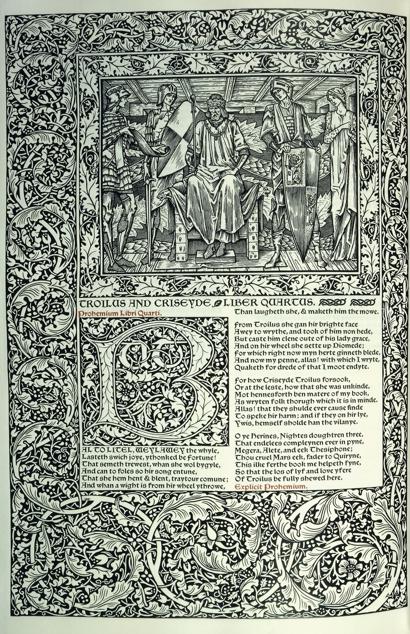 Scene from Troilus and Criseyde, historiated initial B, manuscript with full page-border, 1896 by William Morris