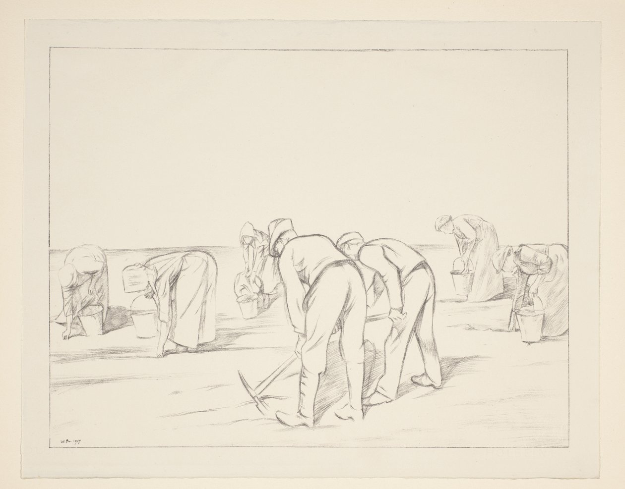 Farm workers with pickaxes and buckets by William Rothenstein