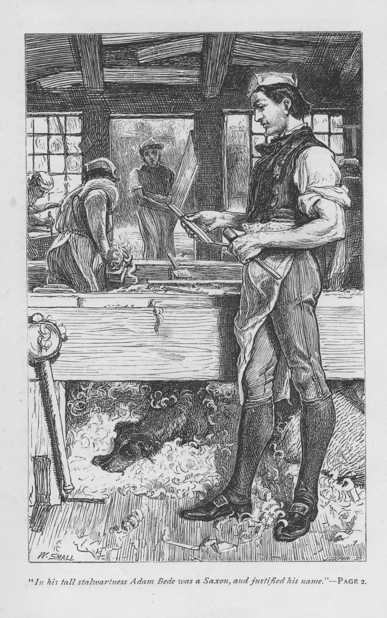 Adam Bede, the village carpenter, in the workshop, his dog Gyp on a pile of shavings under the bench. Adam Bede by George Eliot, first published 1859. Illustration by William Small (1843-1929) from an edition published c1885. by William Small