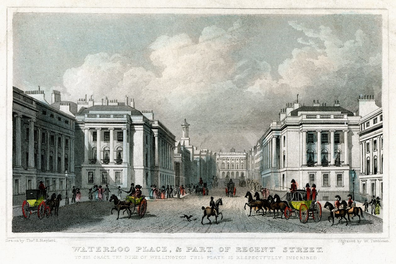 Waterloo Place and part of Regent Street, Westminster, London, 1828 by William Tombleson
