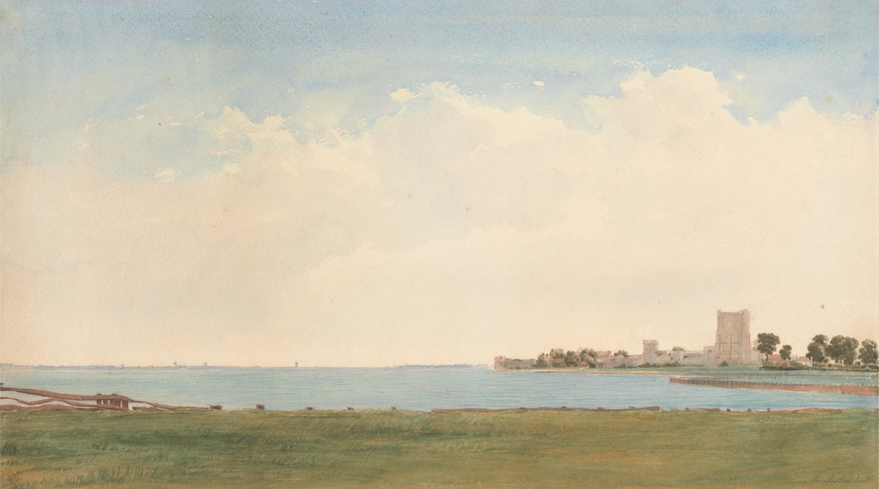Porchester Castle: A View from Porchester Village Looking across the Water to Portsmouth by William Turner of Oxford