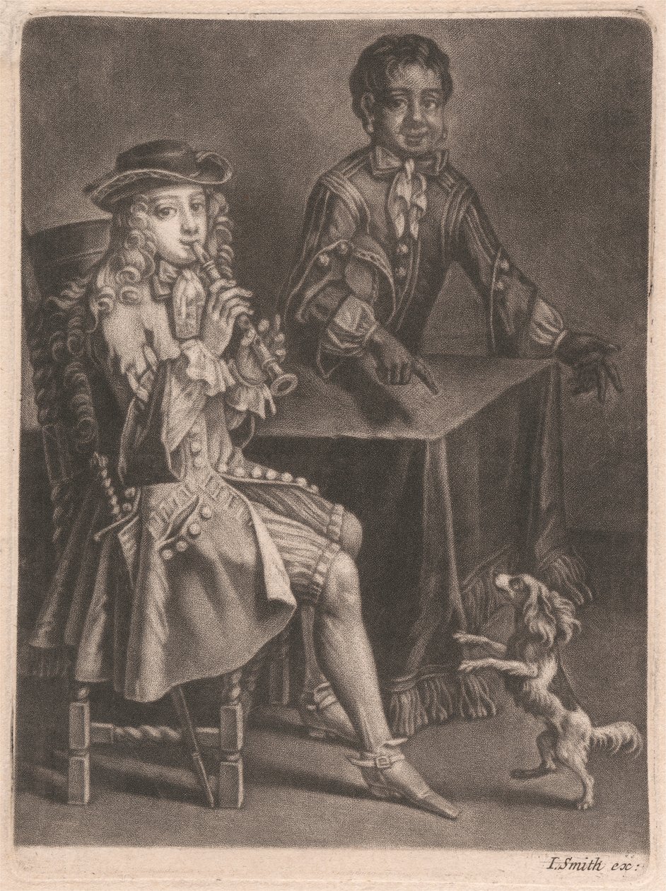 Two Young Men, One Playing a Recorder, the Other Pointing at a Dancing Dog by William Vincent