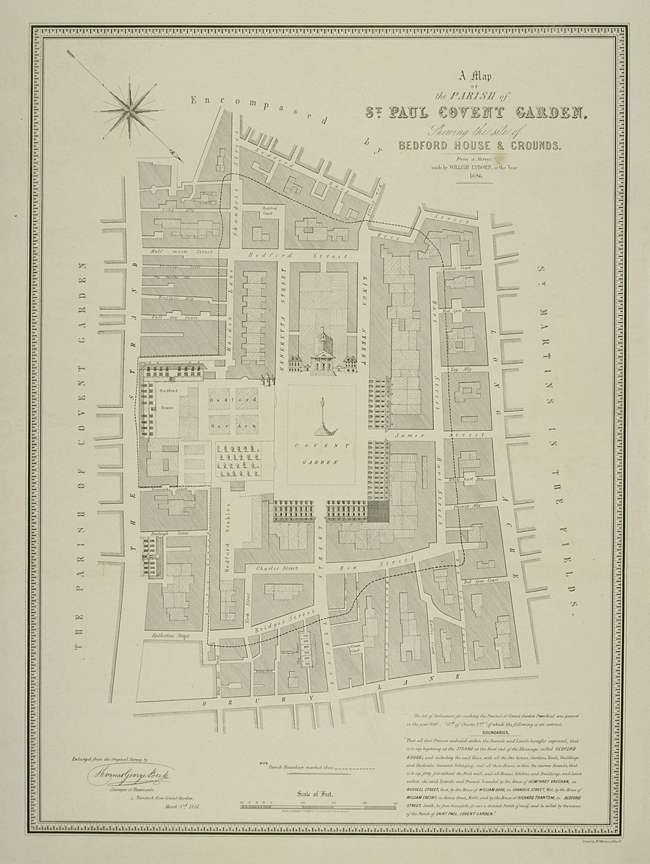 Map of the Parish of St. Paul, Covent Garden, Showing the Site of Bedford House and Grounds, Published by W.P. Metchim, 1686 by Willian Leybourn