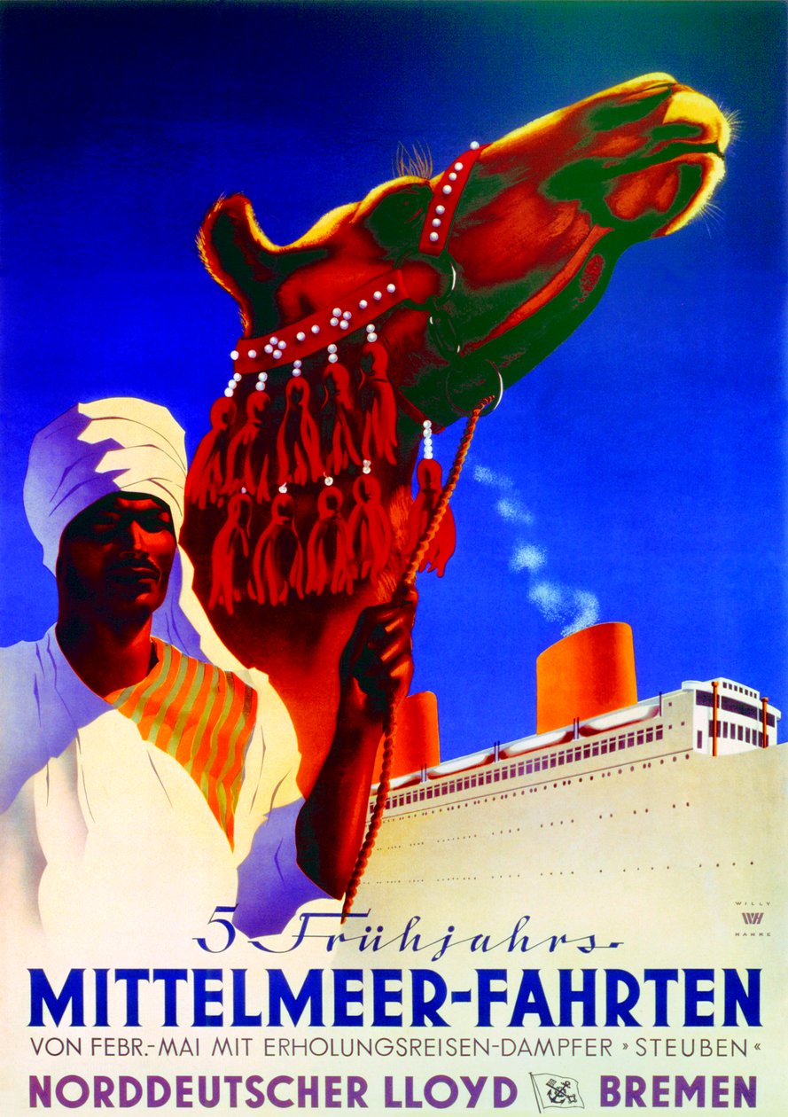 5 Spring Mediterranean Cruises, poster advertising the Bremen North German Lloyd Line by Willy Hanke