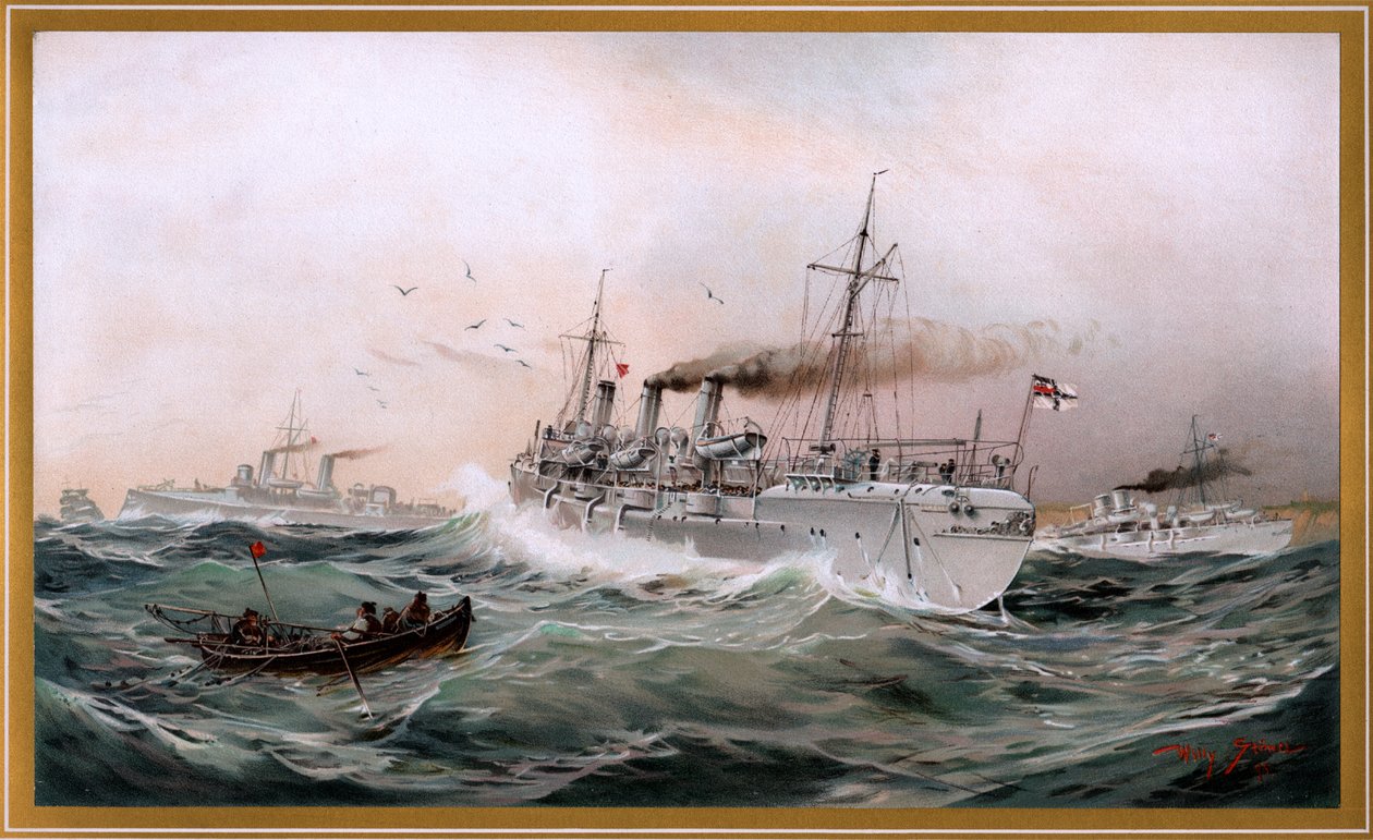 Imperial Navy Greif, Meteor and Jagd Spying at Brusterort, Chromolithograph by Willy Stöwer 1894, No. 9 from G. Wislicenus, Our War Fleet by Willy Stöwer