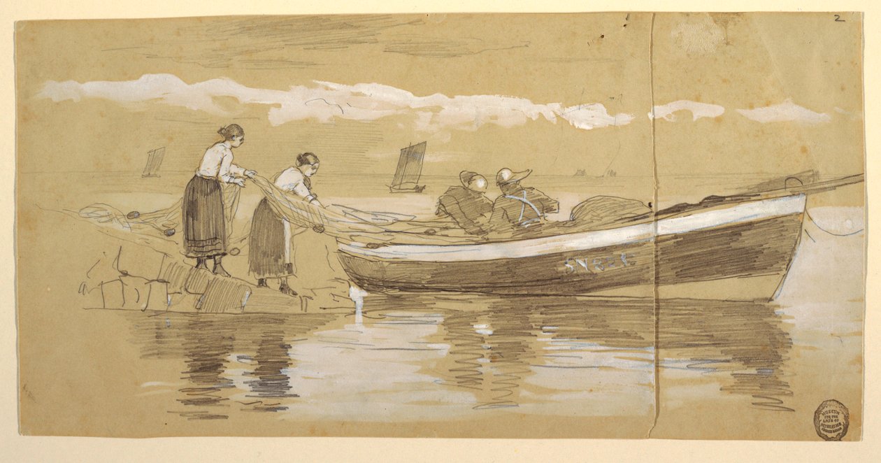 Drawing, Fisherman and Women Stowing Nets in a Beached Dory, Cullercoats, England by Winslow Homer