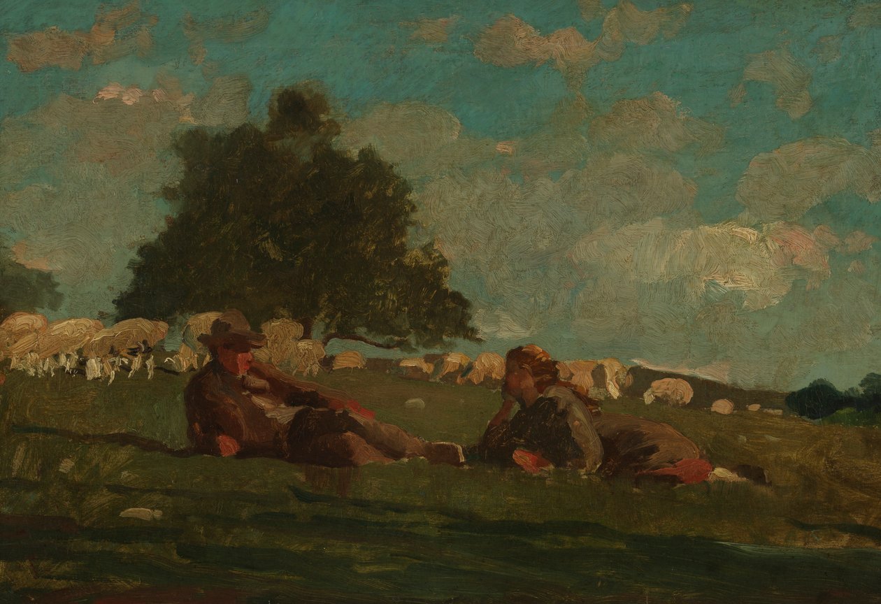 Boy and Girl in a Field with Sheep by Winslow Homer