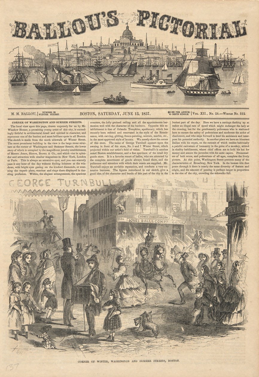 Corner of Winter, Washington, and Summer Streets, Boston, from Ballou by Winslow Homer