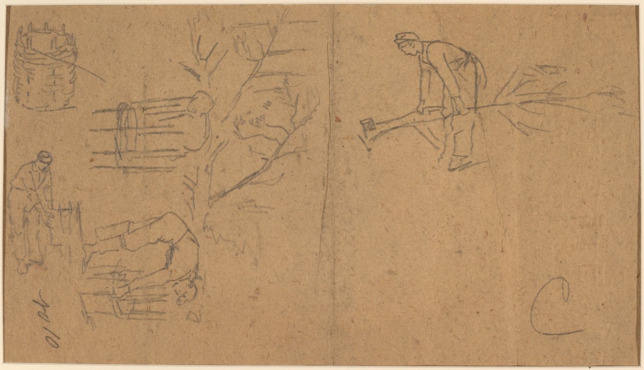 Soldiers Felling Sapling, and Weaving Saplings into Baskets (verso) by Winslow Homer