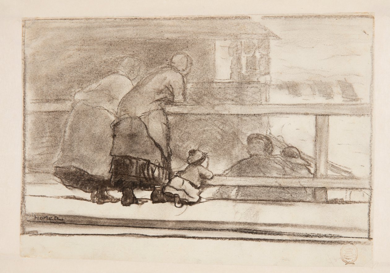 Two Women and a Child at a Rail, Overlooking Beach at Tynemouth by Winslow Homer