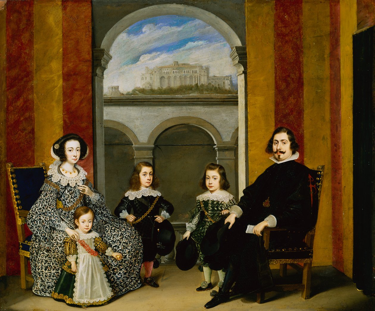 Francesco Tapia, Count of Vasto, with his Family seated in an interior of the Palazzo Tapia with a View of the Castello di Sant Elmo by Wolfgang Heimbach