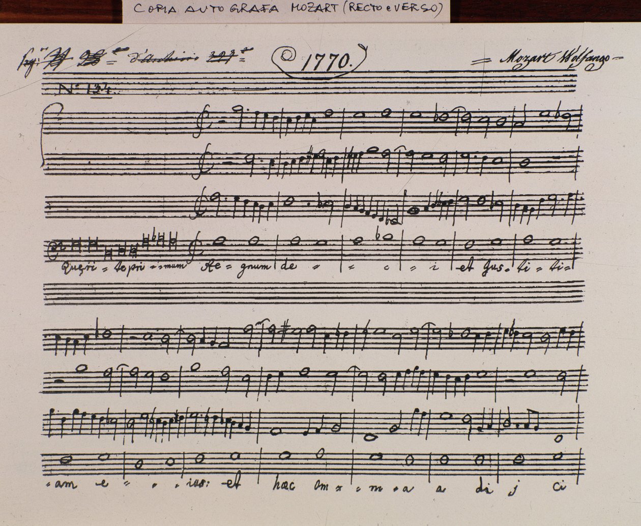 Sheet music page for Querite primum regnum Dei by Mozart, version corrected by father Martini (1770) by Wolfgang Amadeus Mozart