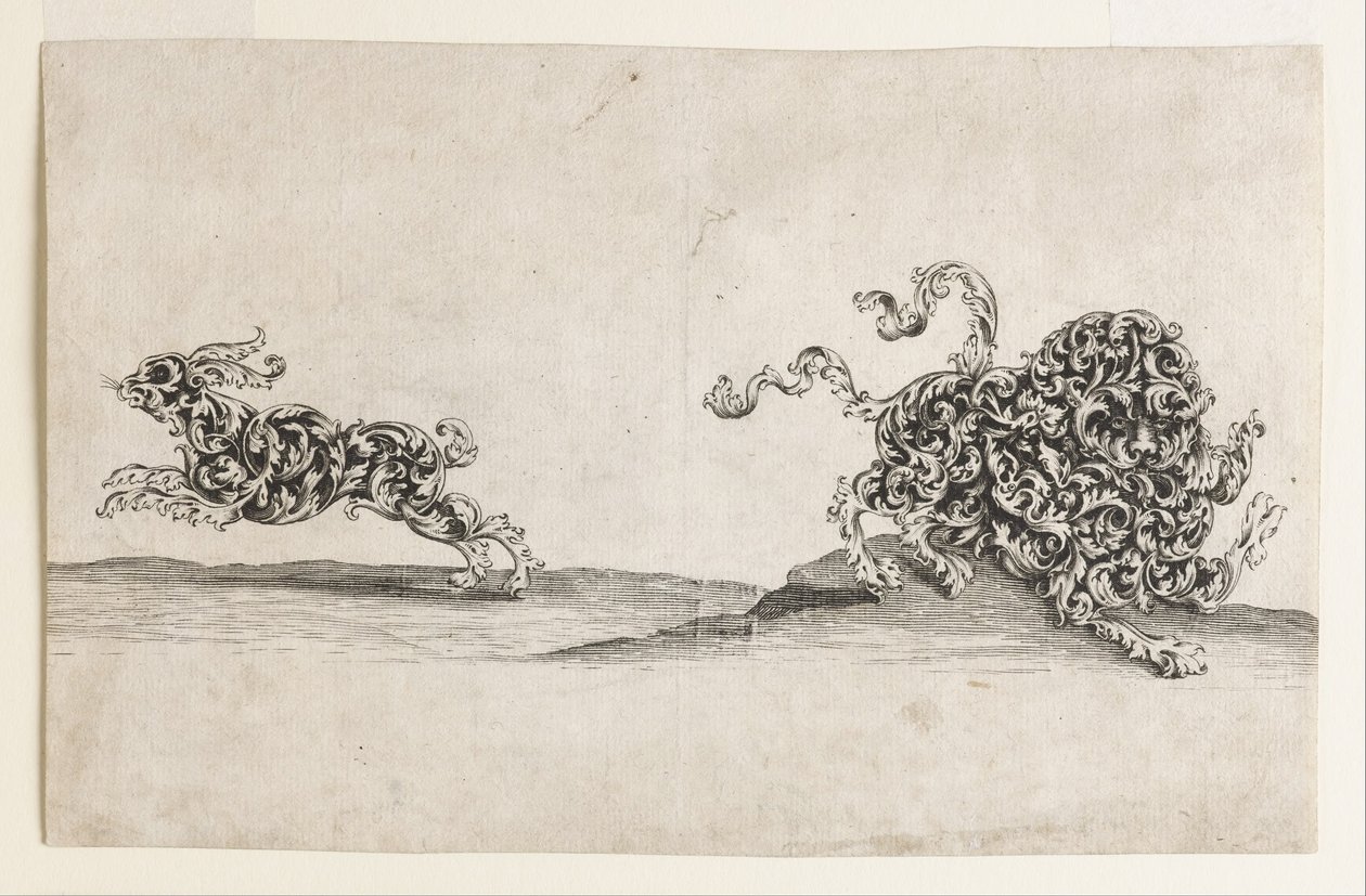 Lion and Hare Composed of Ornamental Leaf-Work by Wolfgang Hieronymus von Bömmel
