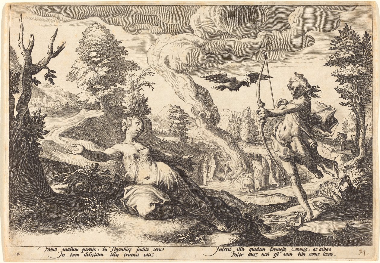 Apollo Killing Coronis by Workshop of Hendrick Goltzius, after Hendrick Goltzius