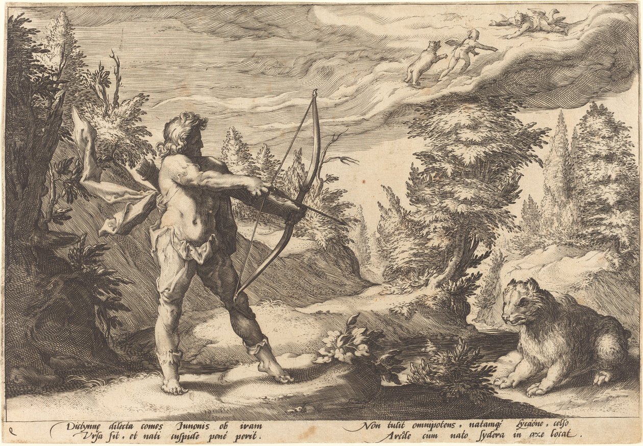 Arcas Preparing to Kill His Mother by Workshop of Hendrick Goltzius, after Hendrick Goltzius
